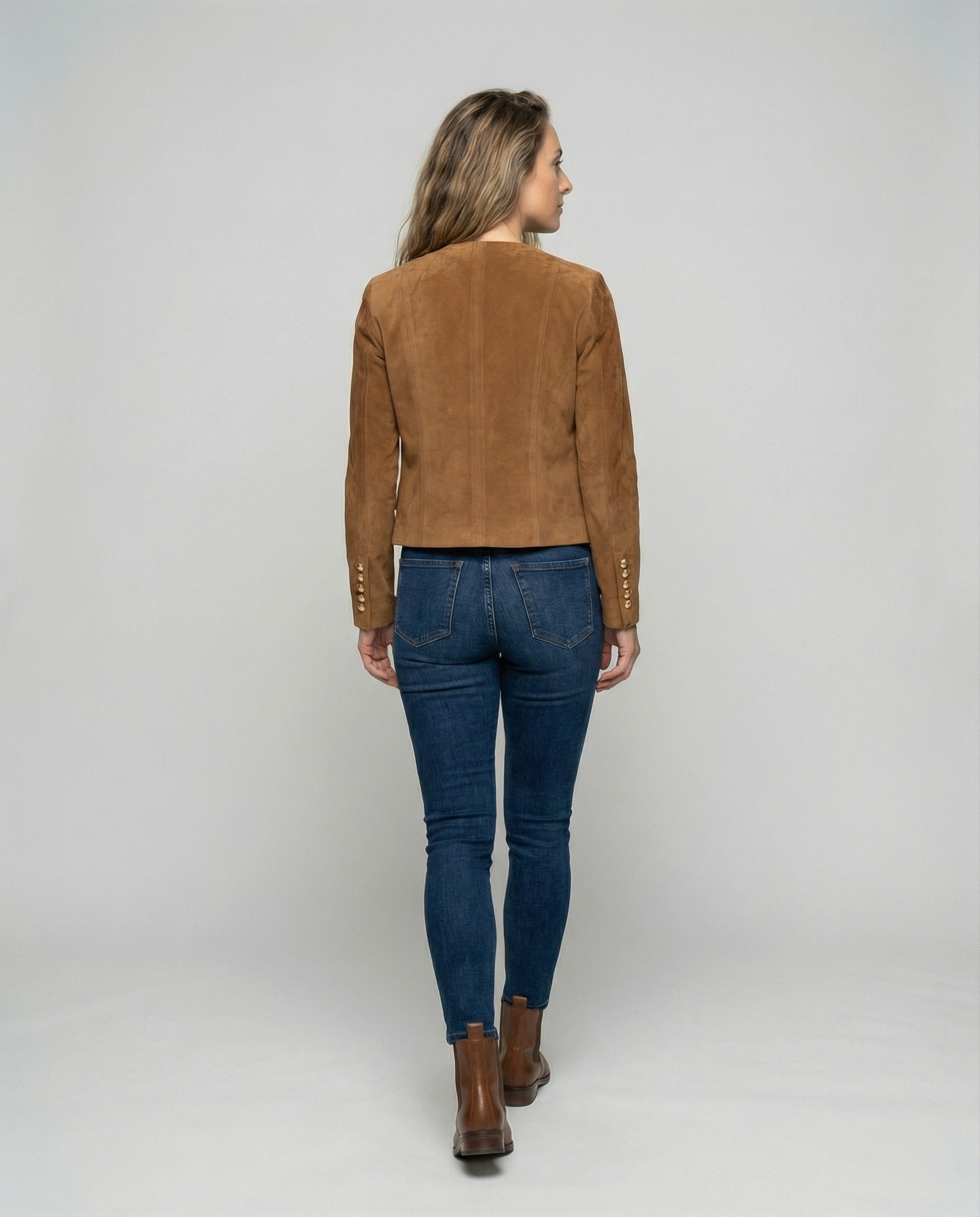Tan Suede Jacket with Gold Buttons and Collarless Neckline