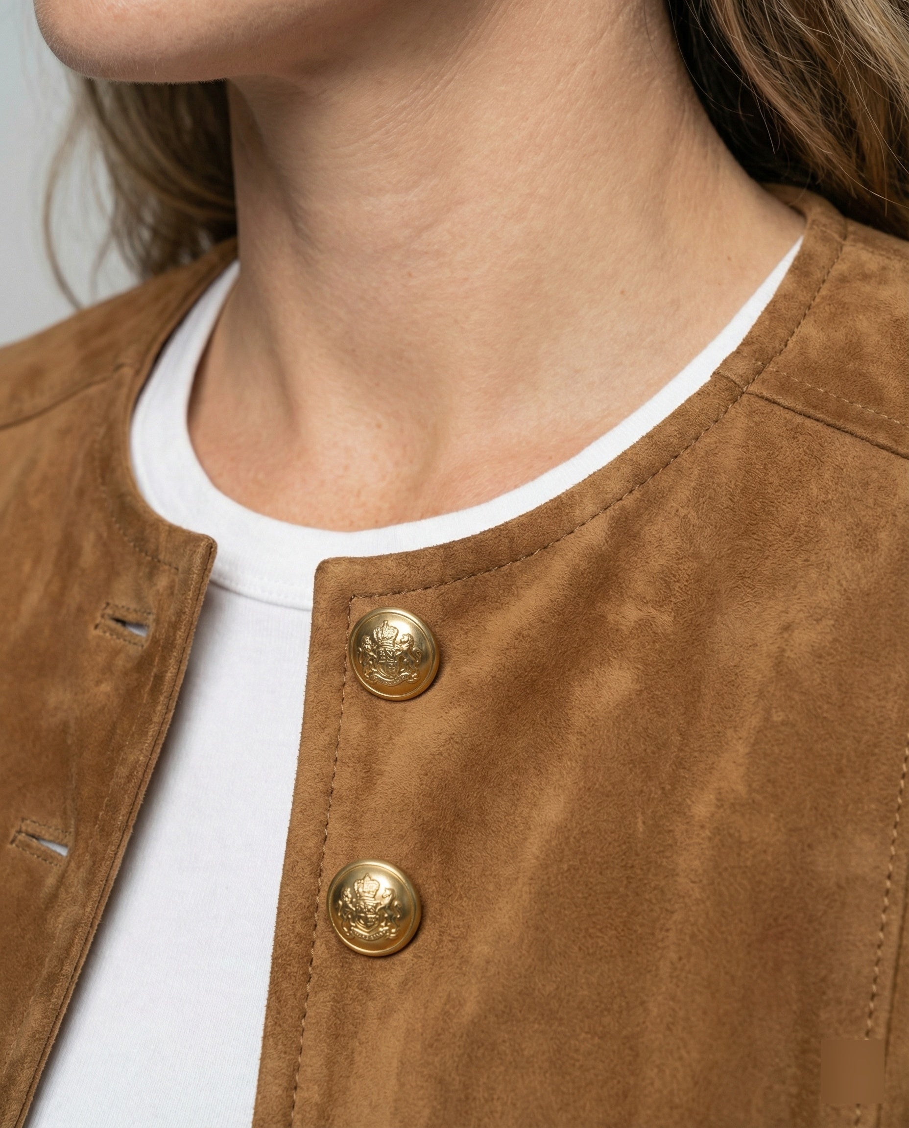 Tan Suede Jacket with Gold Buttons and Collarless Neckline