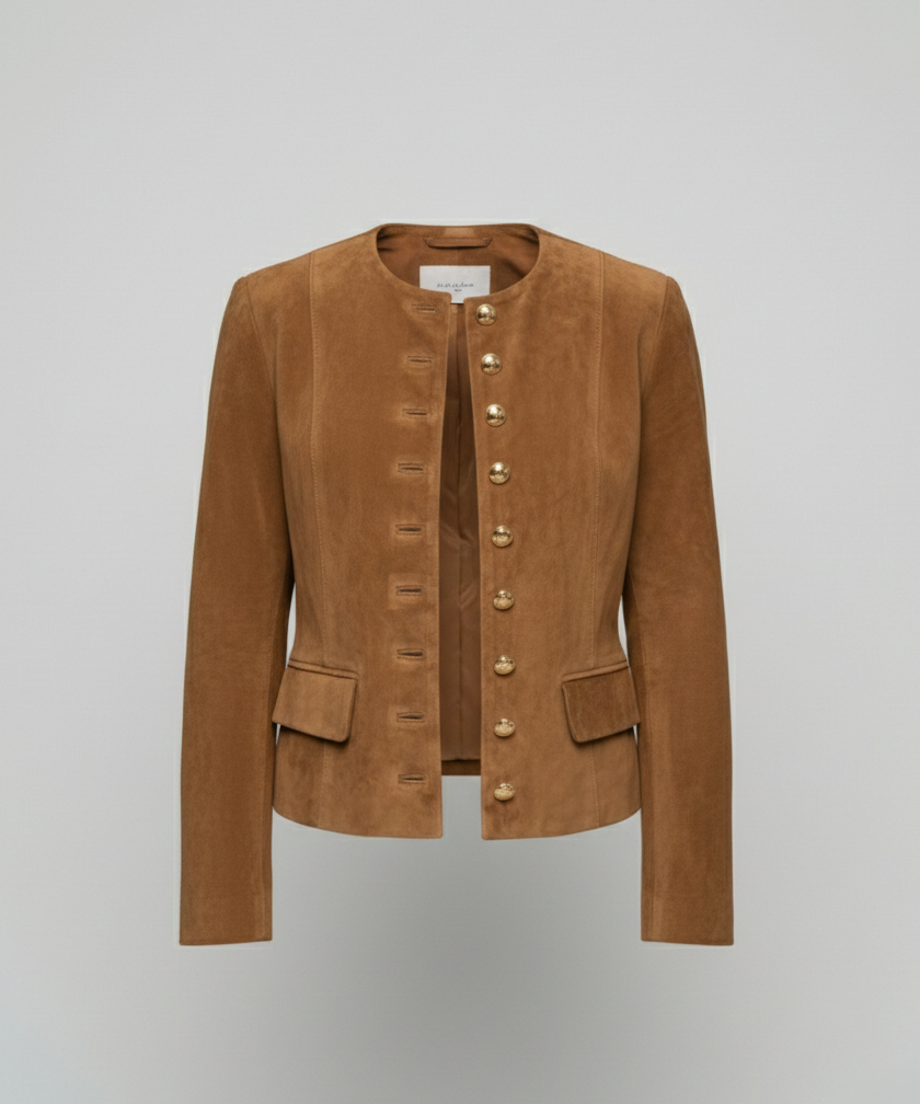 Tan Suede Jacket with Gold Buttons and Collarless Neckline