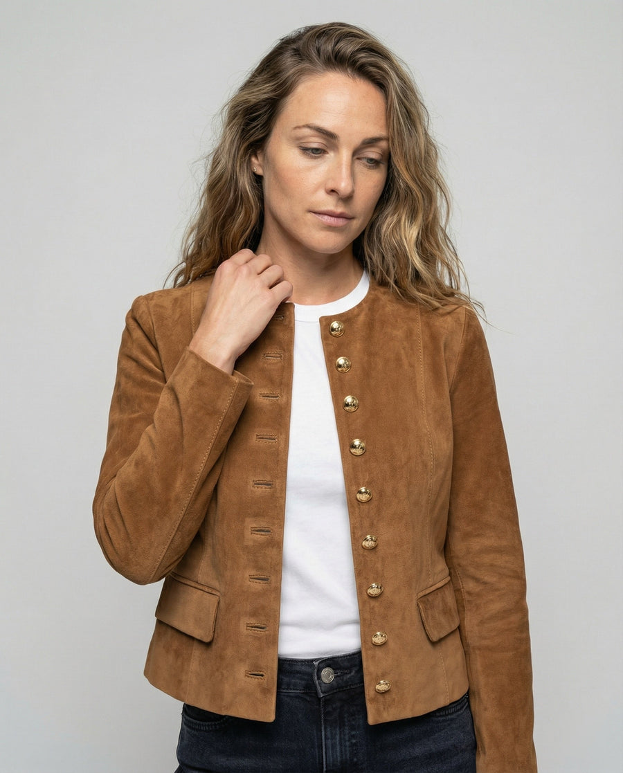 Tan Suede Jacket with Gold Buttons and Collarless Neckline
