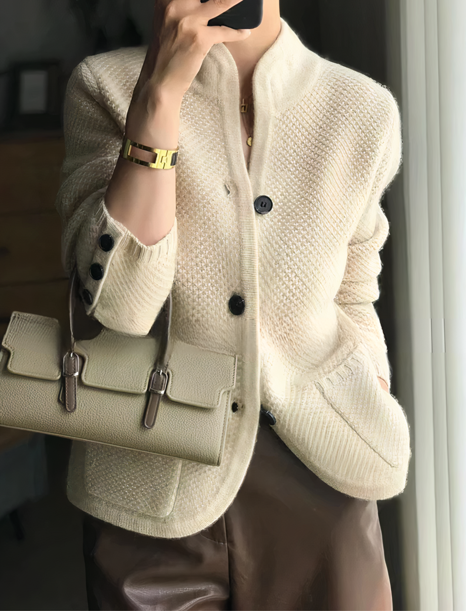 Textured Knit Cardigan with Stand Collar and Front Pockets