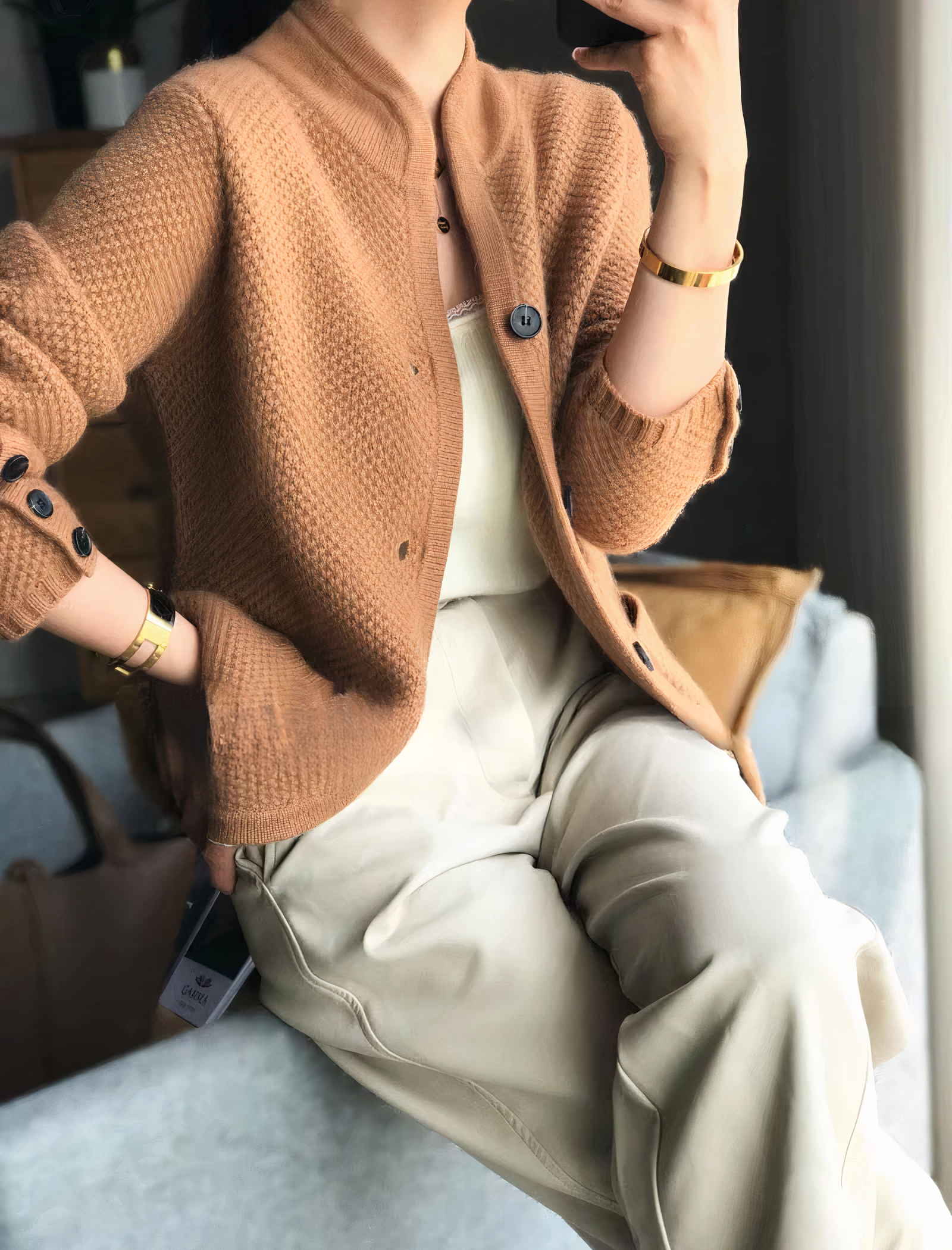 Textured Knit Cardigan with Stand Collar and Front Pockets