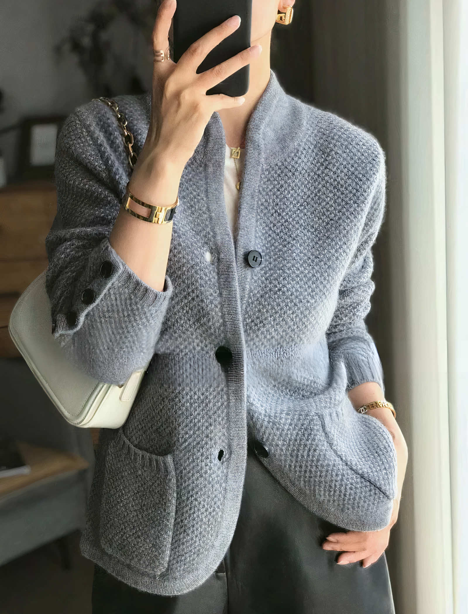 Textured Knit Cardigan with Stand Collar and Front Pockets