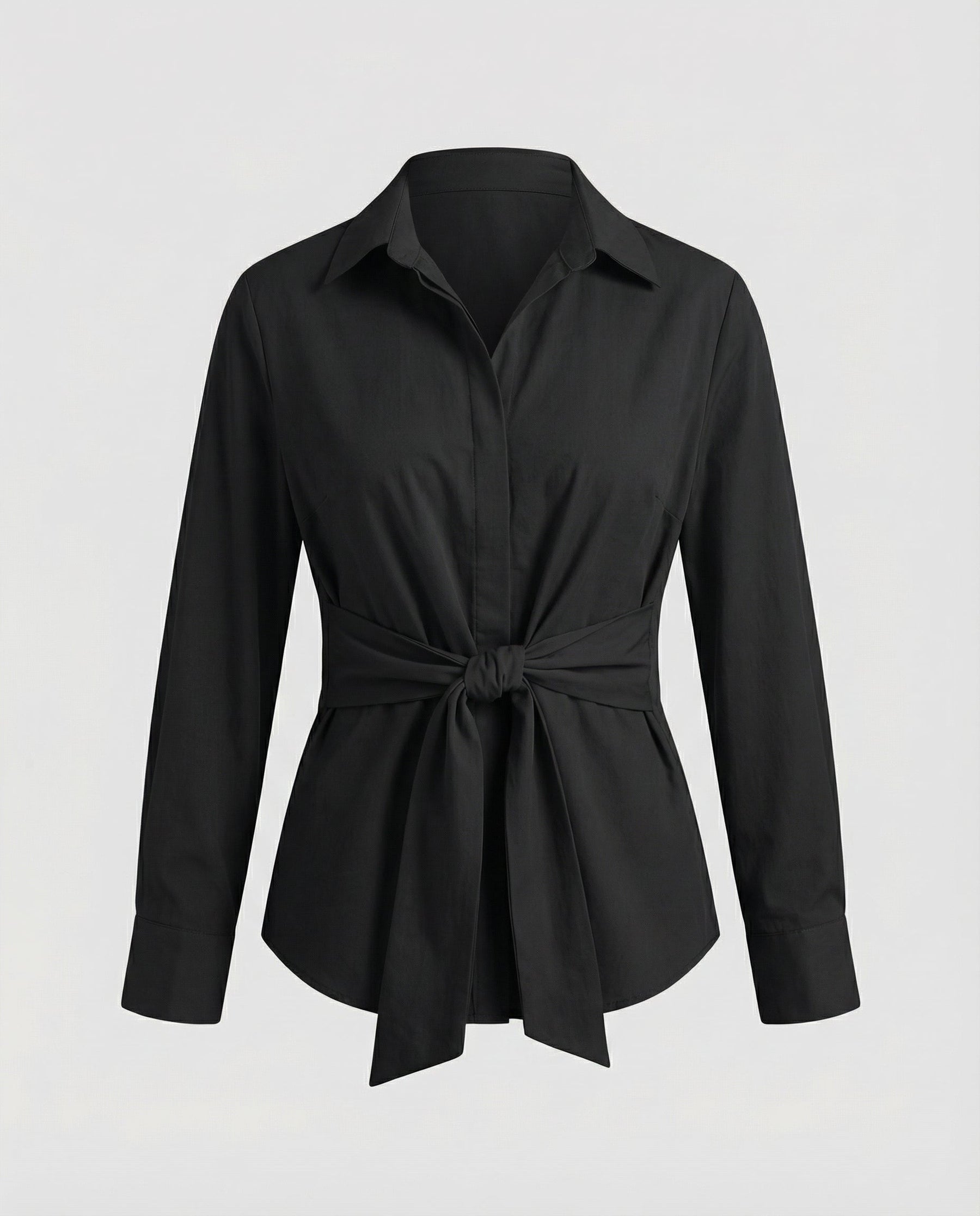 Tie Front Shirt with Deep V-Neckline and Long Sleeves