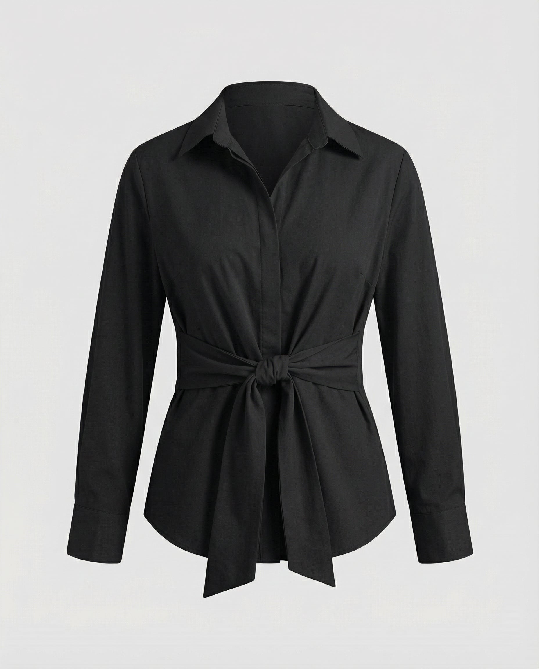 Tie Front Shirt with Deep V-Neckline and Long Sleeves