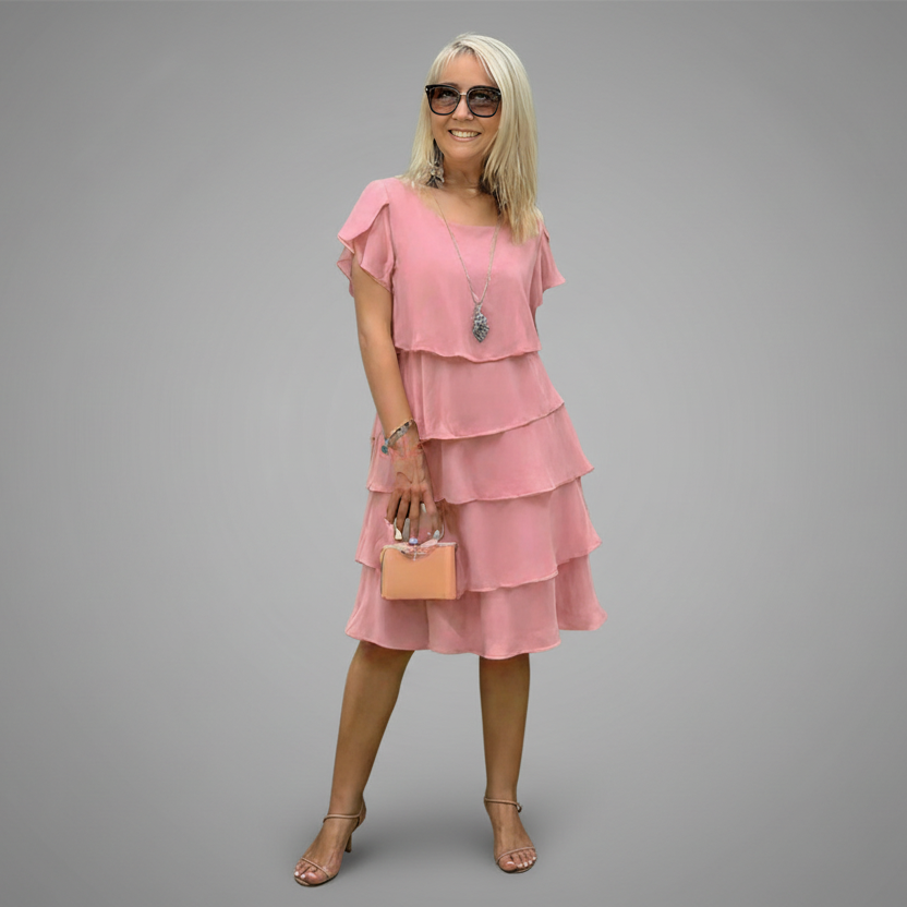Tiered Ruffle Midi Dress with Round Neckline and Short Sleeves