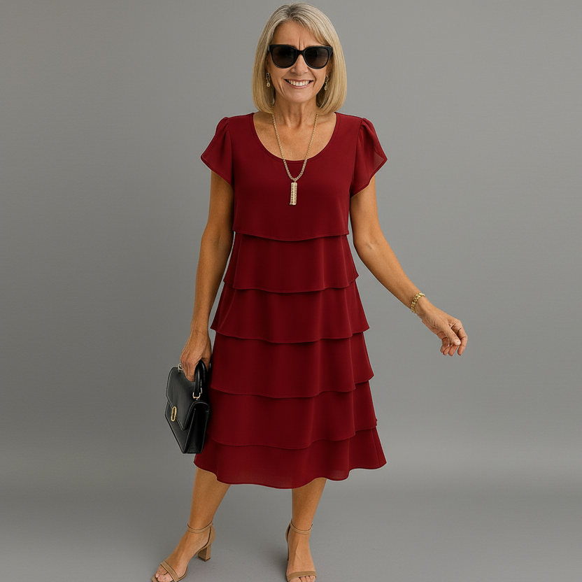 Tiered Ruffle Midi Dress with Round Neckline and Short Sleeves