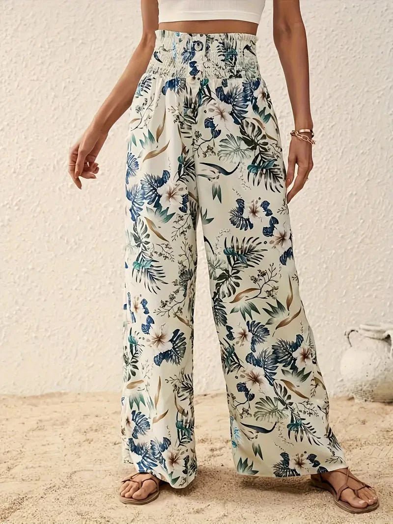 Tropical Print Palazzo Trousers with Smocked High Waist and Wide Leg
