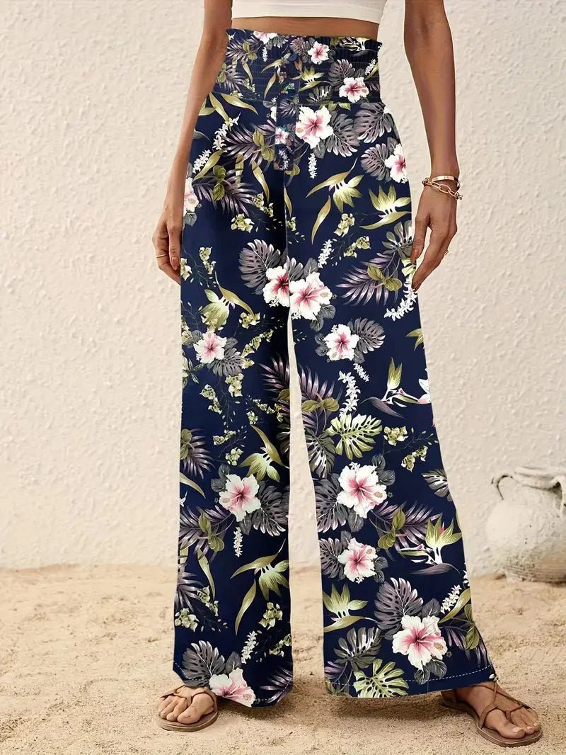 Tropical Print Palazzo Trousers with Smocked High Waist and Wide Leg