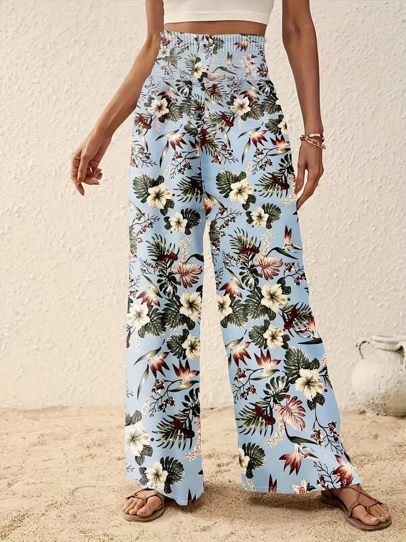 Tropical Print Palazzo Trousers with Smocked High Waist and Wide Leg