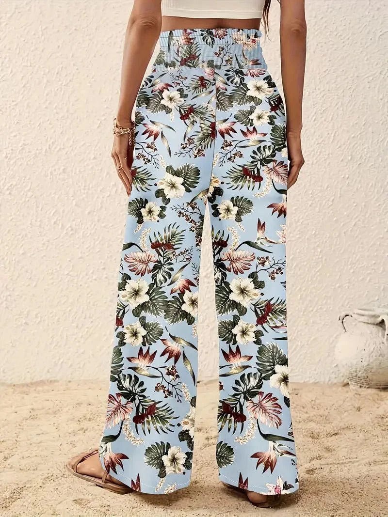 Tropical Print Palazzo Trousers with Smocked High Waist and Wide Leg