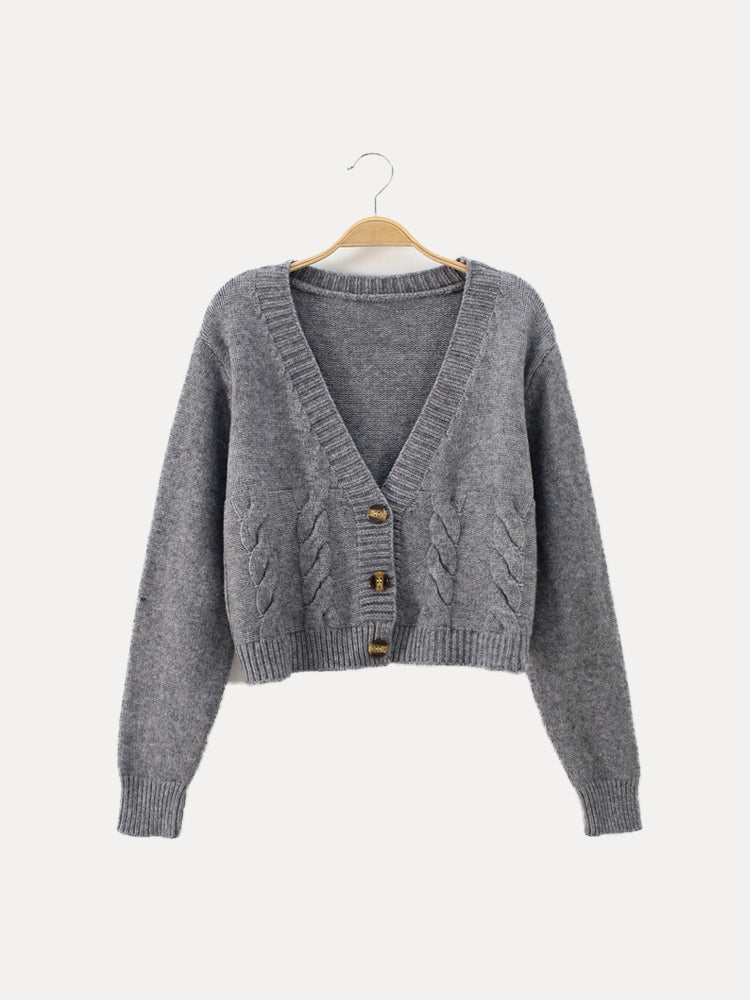 Cropped Cable Knit Cardigan with V-Neckline and Horn Buttons
