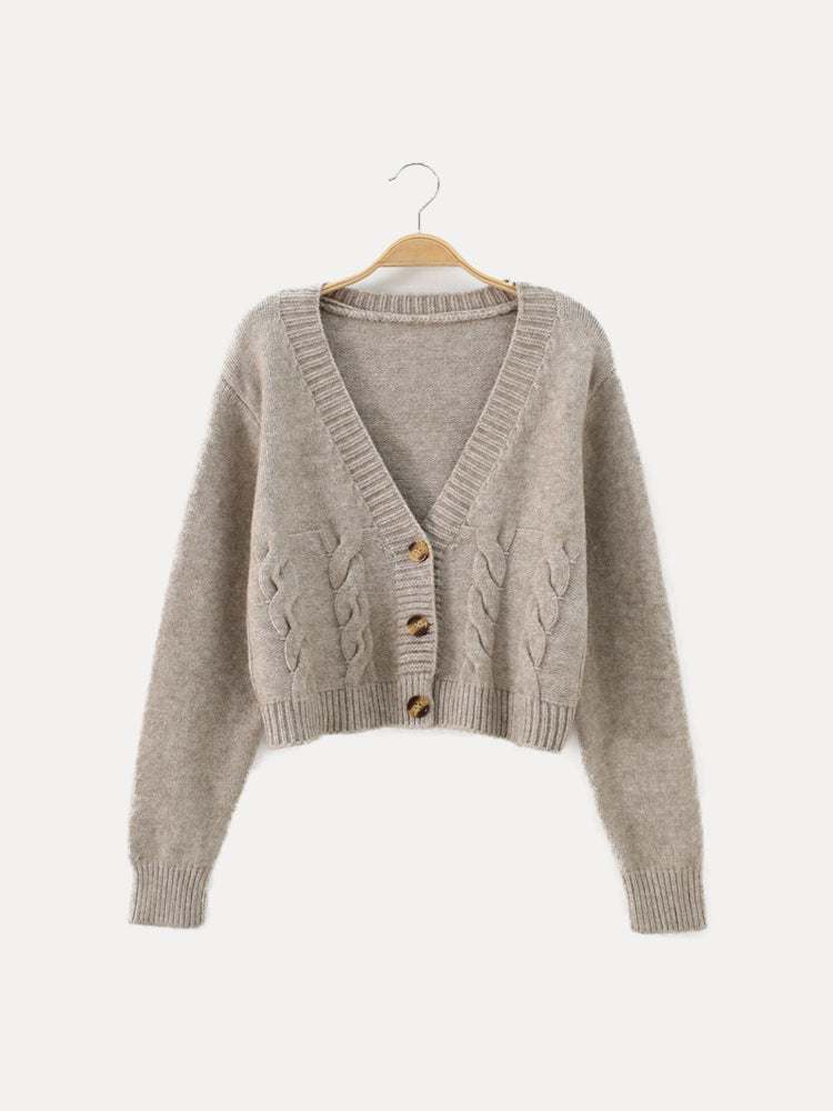 Cropped Cable Knit Cardigan with V-Neckline and Horn Buttons