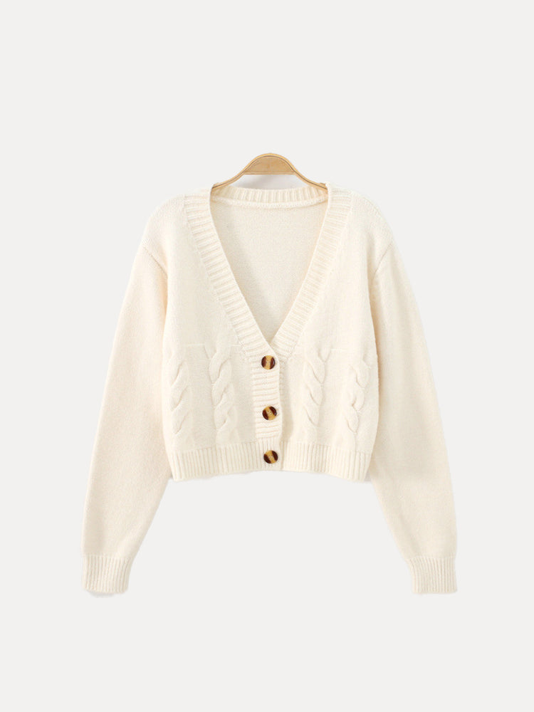Cropped Cable Knit Cardigan with V-Neckline and Horn Buttons