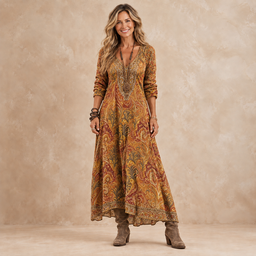MELORA | PAISLEY PRINT V-NECK MAXI DRESS