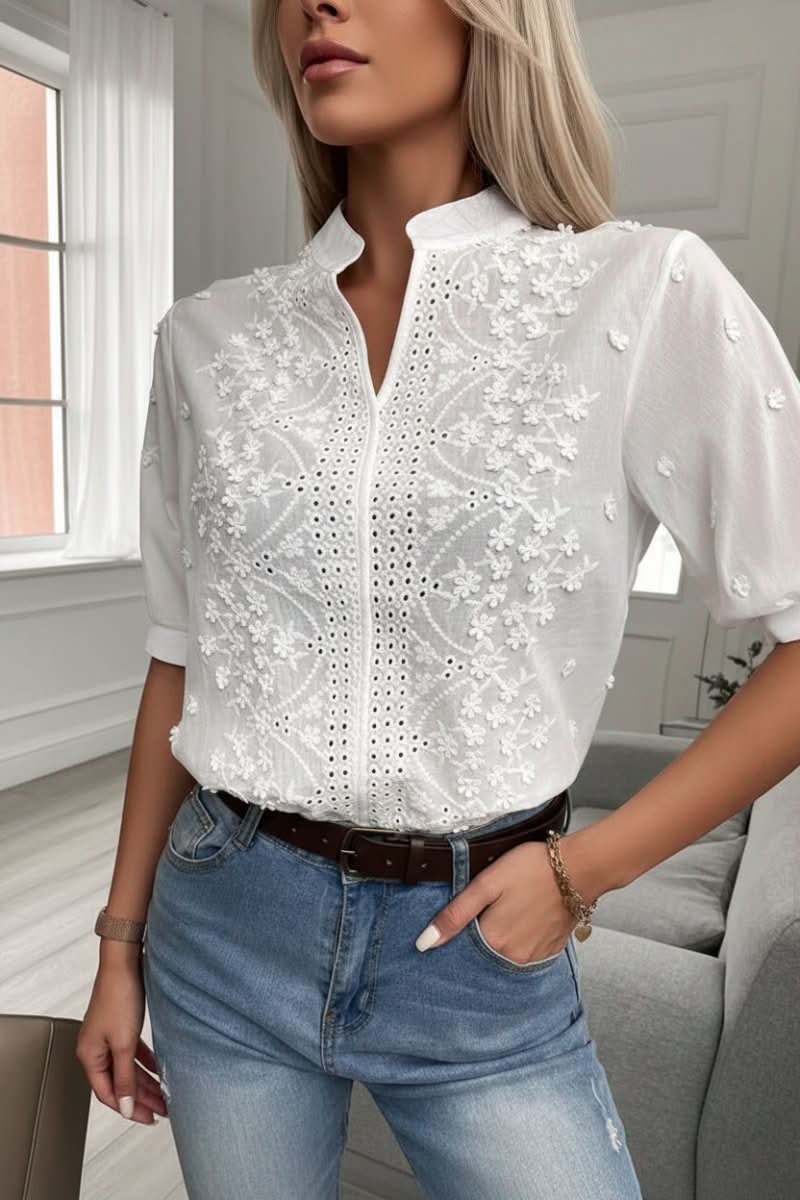 White Floral Embroidered Blouse with V-Neckline and Puff Sleeves