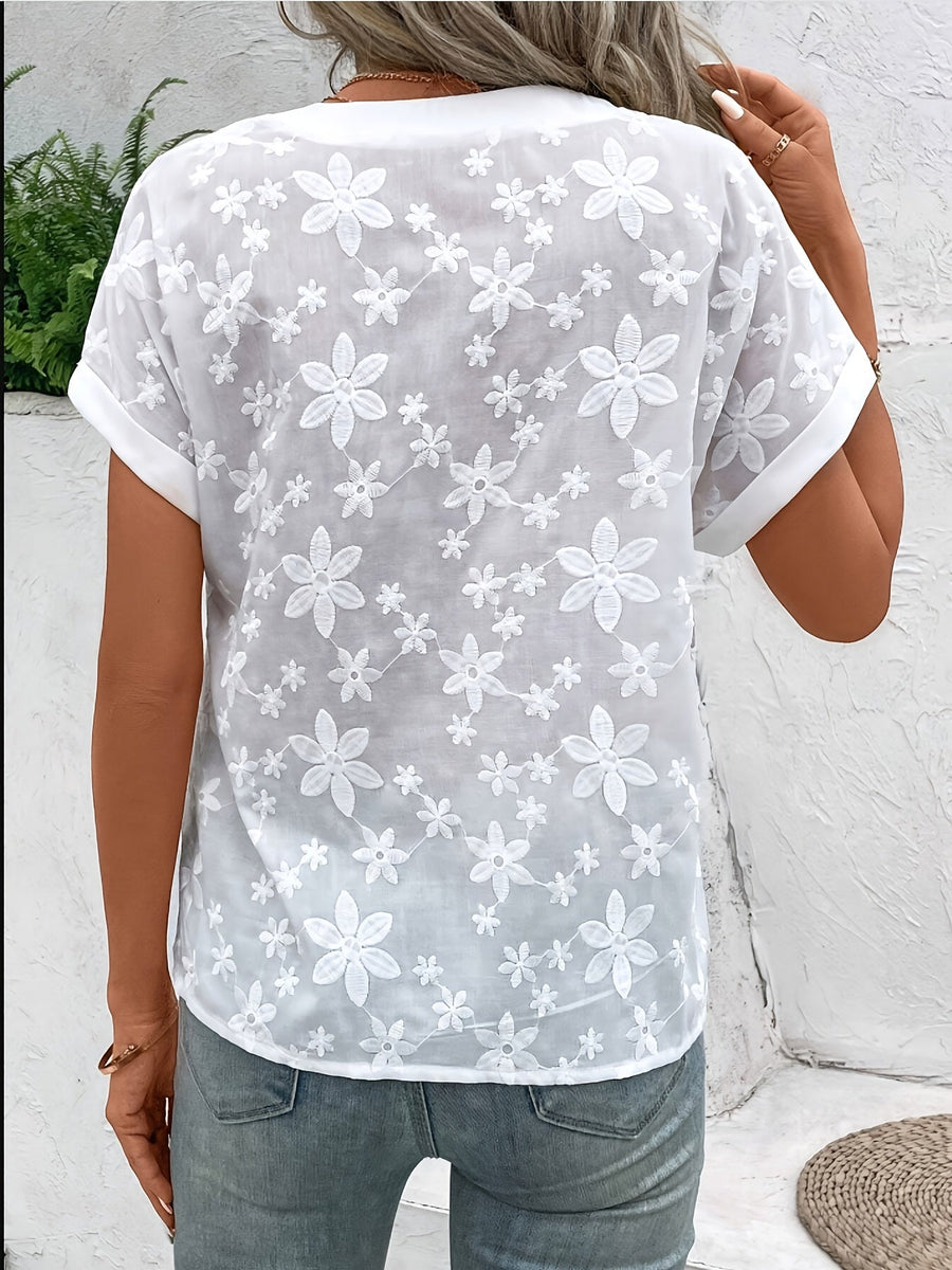 White Floral Embroidered Top with V-Neckline and Button Detail
