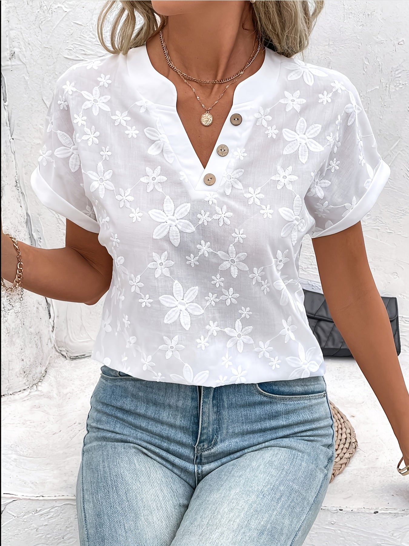White Floral Embroidered Top with V-Neckline and Button Detail