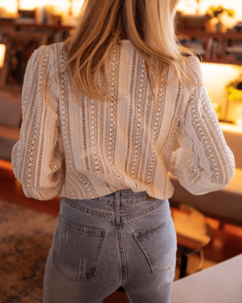 White Lace Blouse with Puff Sleeves and Deep V-Neckline