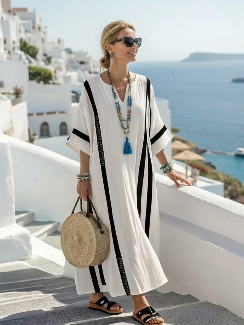 White Maxi Kaftan Dress with Black Stripe Detail and V-Neckline
