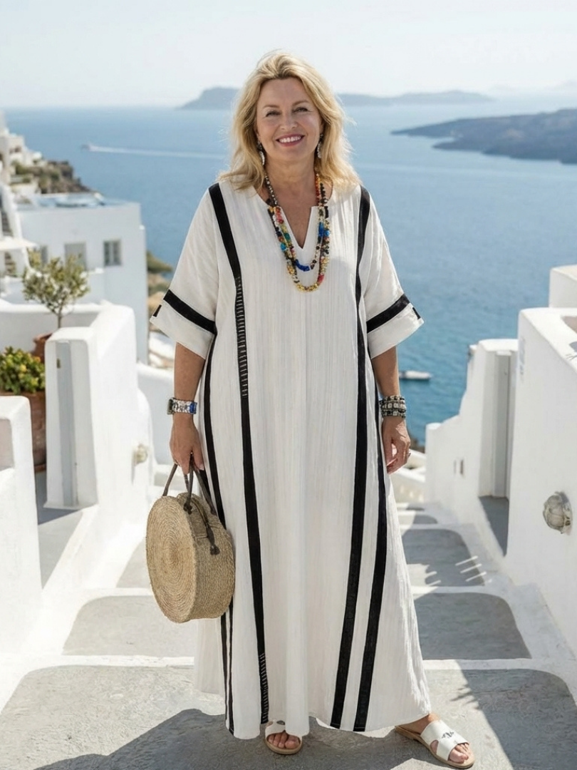 White Maxi Kaftan Dress with Black Stripe Detail and V-Neckline