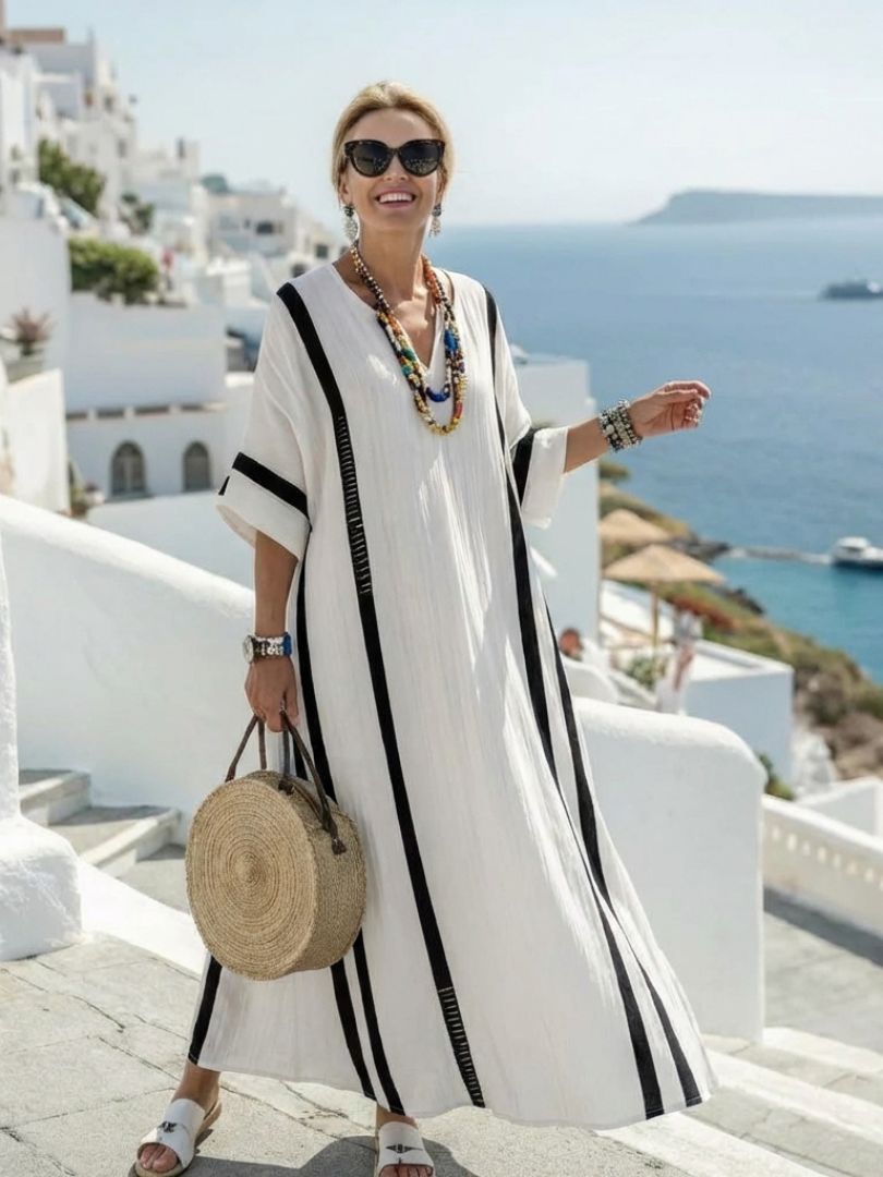 White Maxi Kaftan Dress with Black Stripe Detail and V-Neckline