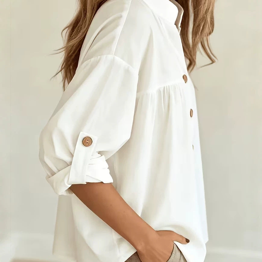 White Oversized Blouse with Button Front and Roll-Up Sleeves