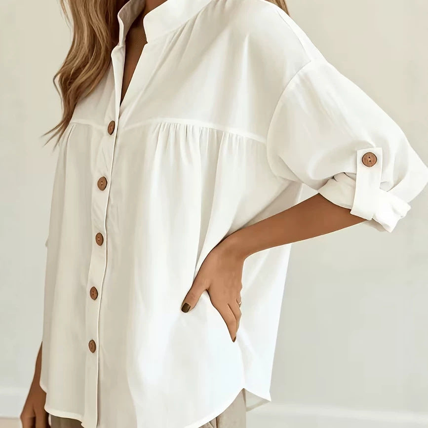 White Oversized Blouse with Button Front and Roll-Up Sleeves