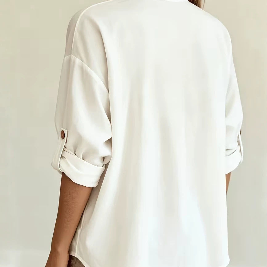 White Oversized Blouse with Button Front and Roll-Up Sleeves