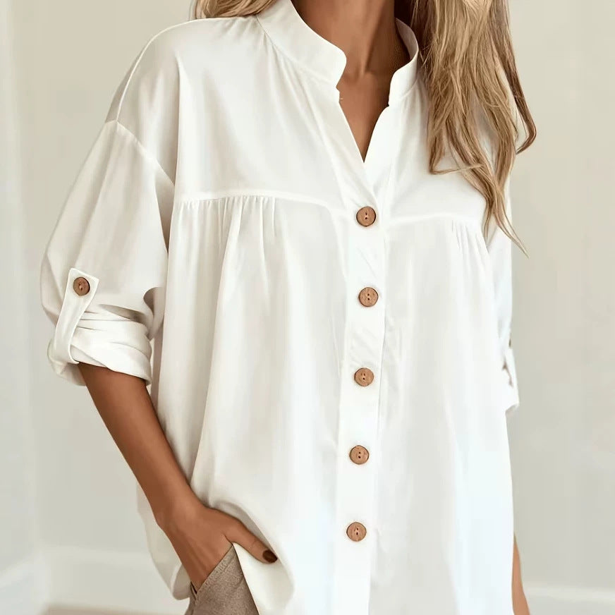 White Oversized Blouse with Button Front and Roll-Up Sleeves