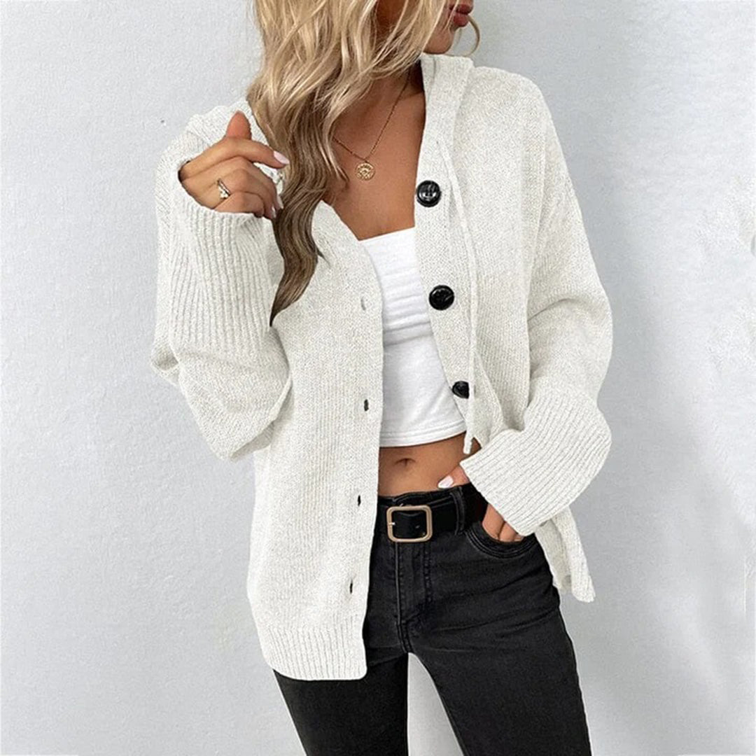 Relaxed Hooded Knit Cardigan with Large Button Closure