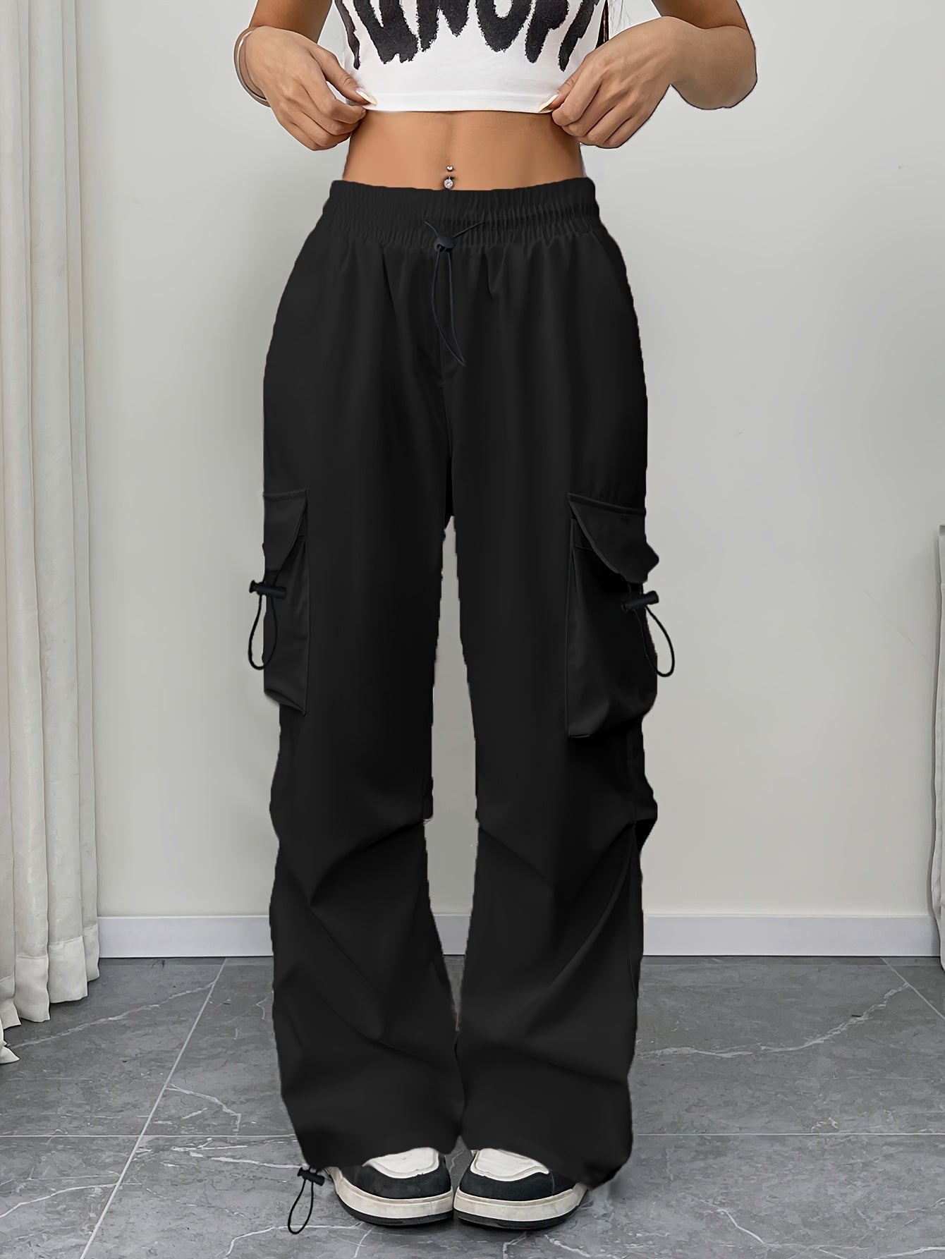 Wide Leg Cargo Trousers with Elasticated Waist and Drawstring Hem