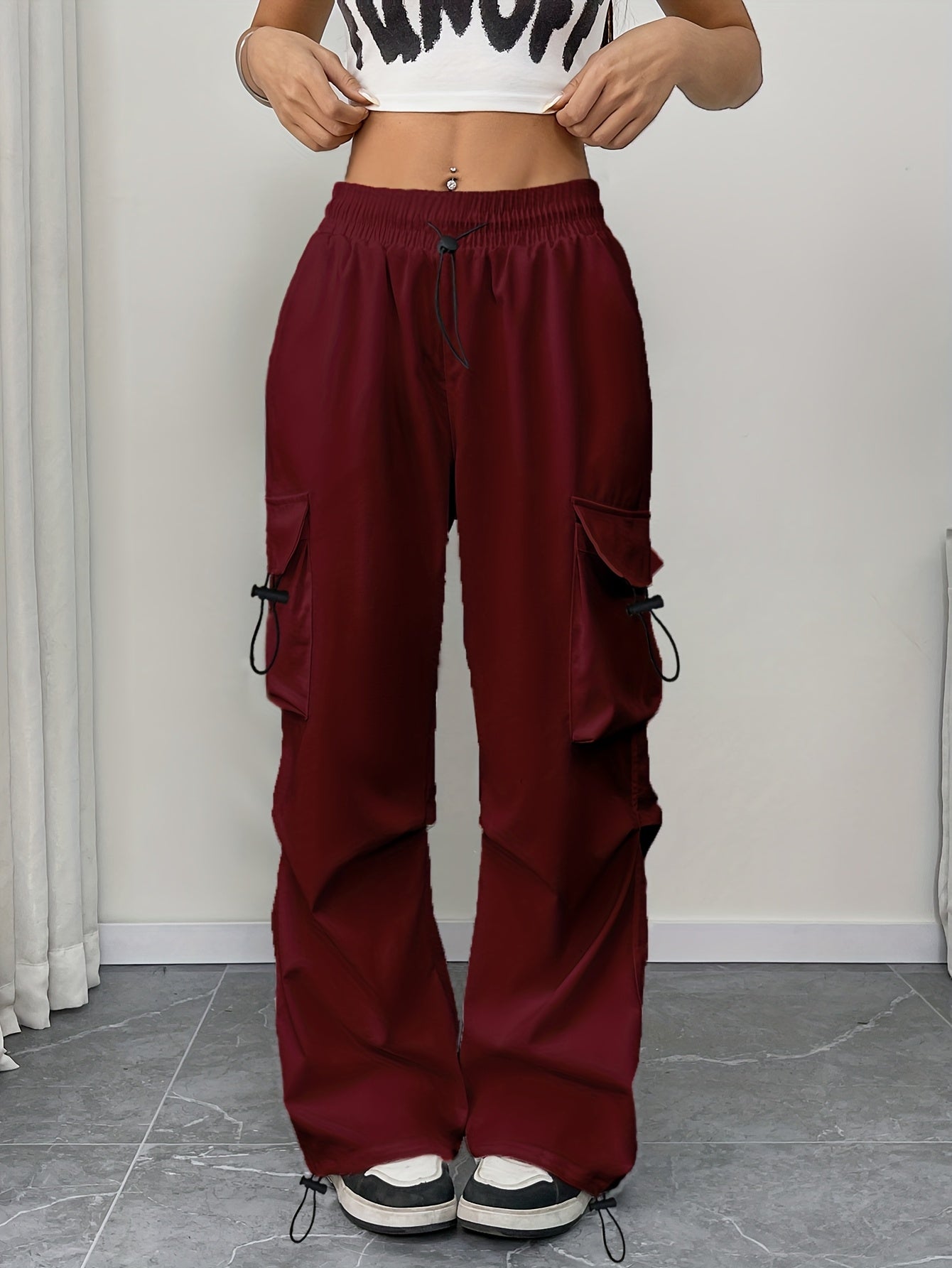 Wide Leg Cargo Trousers with Elasticated Waist and Drawstring Hem