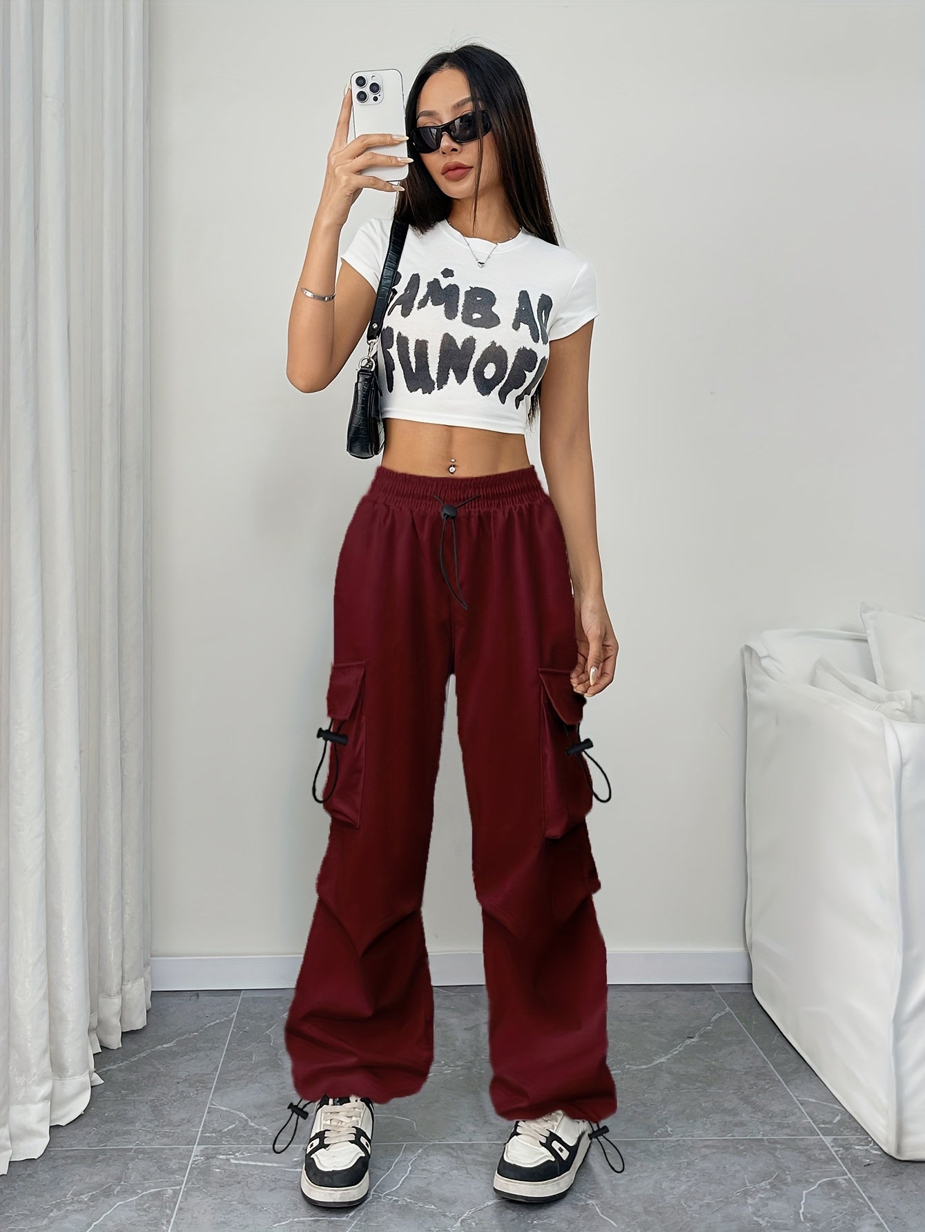 Wide Leg Cargo Trousers with Elasticated Waist and Drawstring Hem