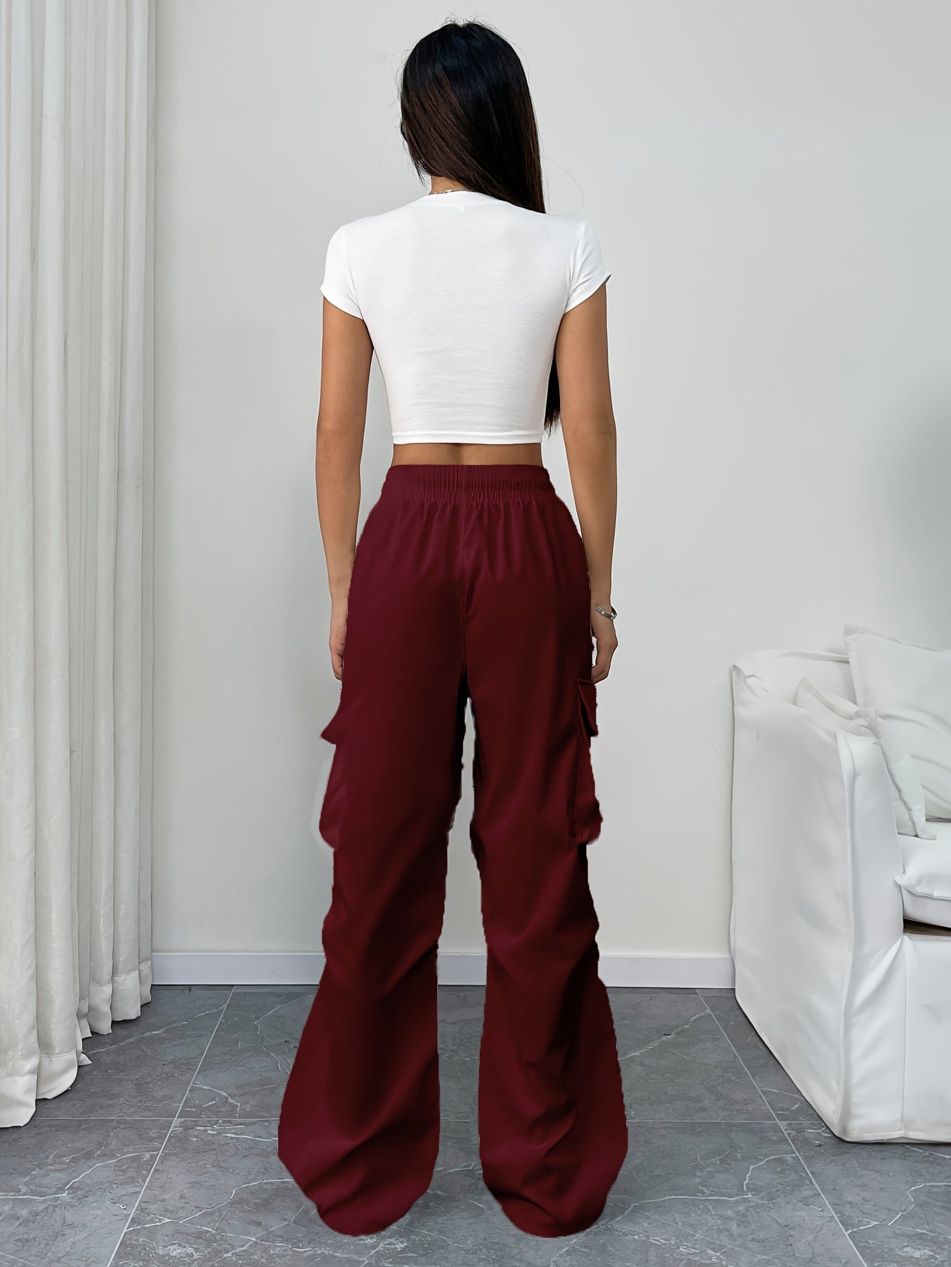 Wide Leg Cargo Trousers with Elasticated Waist and Drawstring Hem