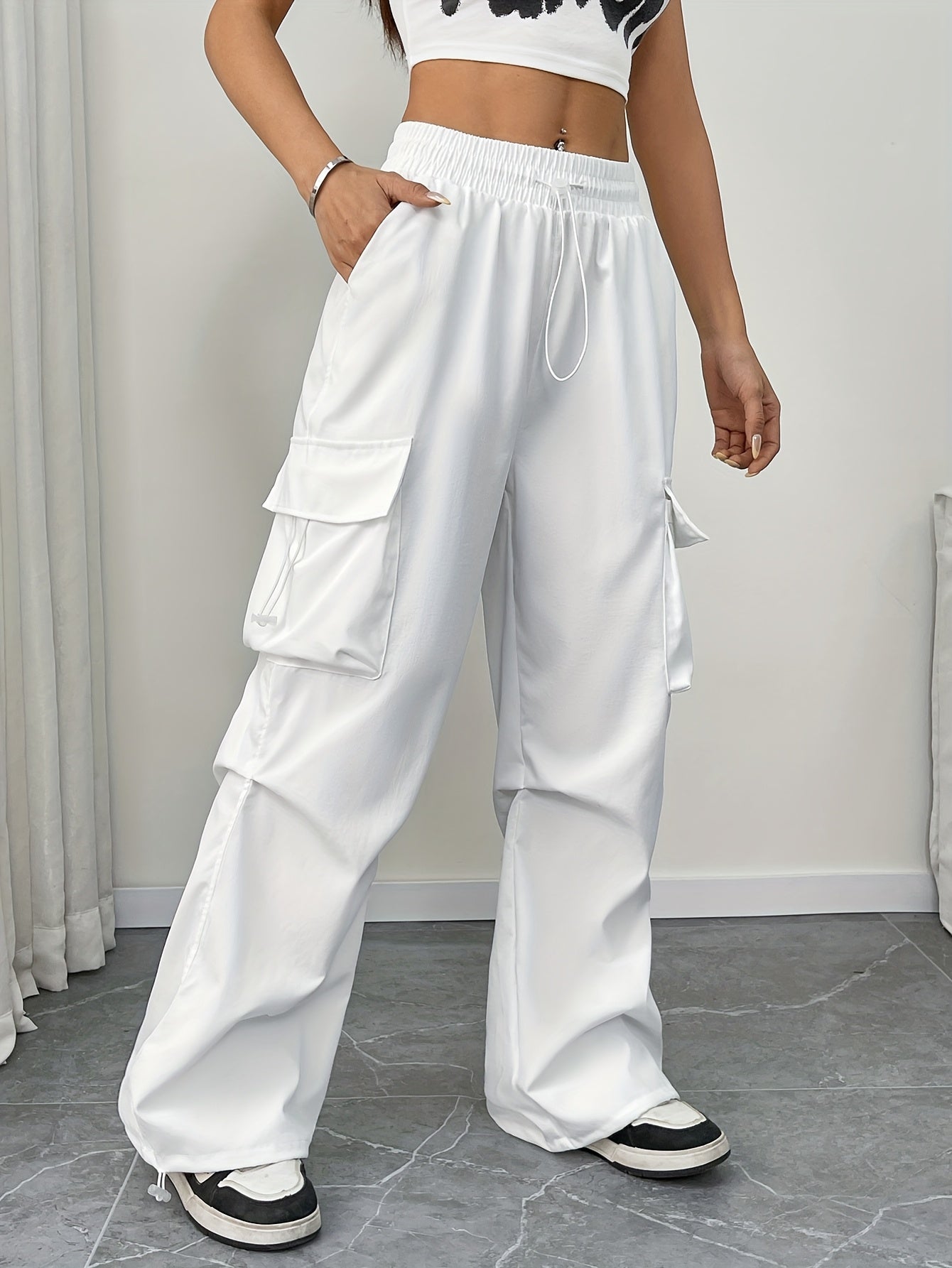 Wide Leg Cargo Trousers with Elasticated Waist and Drawstring Hem