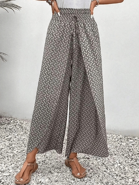 Wide Leg Palazzo Trousers with Smocked Waist and Drawstring