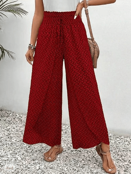 Wide Leg Palazzo Trousers with Smocked Waist and Drawstring