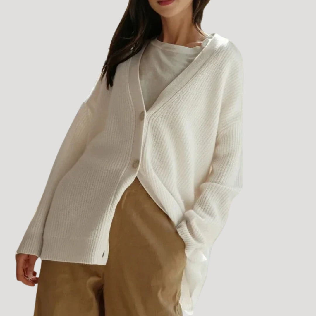 Oversized Knit Cardigan with V-Neckline and Button Closure