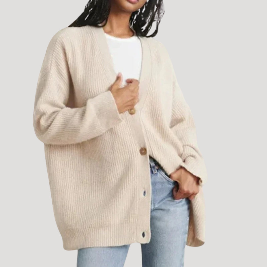 Oversized Knit Cardigan with V-Neckline and Button Closure