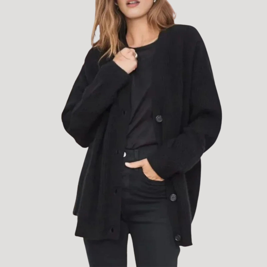 Oversized Knit Cardigan with V-Neckline and Button Closure