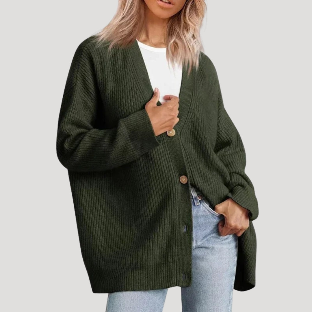 Oversized Knit Cardigan with V-Neckline and Button Closure