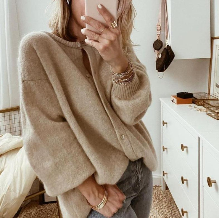 Taupe Oversized Fluffy Knit Cardigan with Button Front