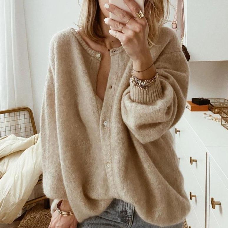 Taupe Oversized Fluffy Knit Cardigan with Button Front