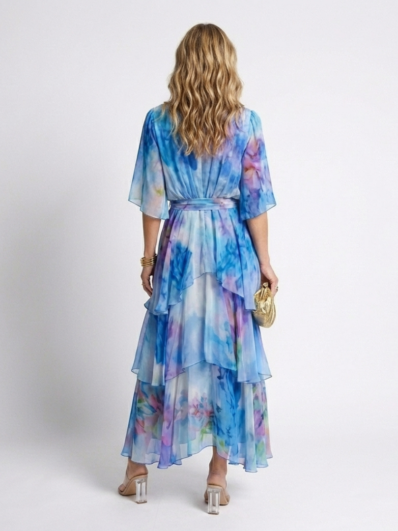 Wrap Front Tiered Summer Dress with Wide Sleeves and Tie Waist
