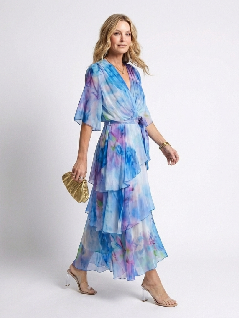 Wrap Front Tiered Summer Dress with Wide Sleeves and Tie Waist
