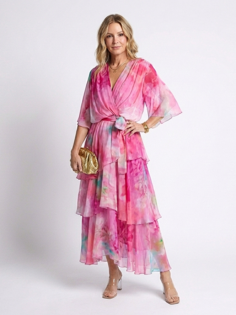 Wrap Front Tiered Summer Dress with Wide Sleeves and Tie Waist