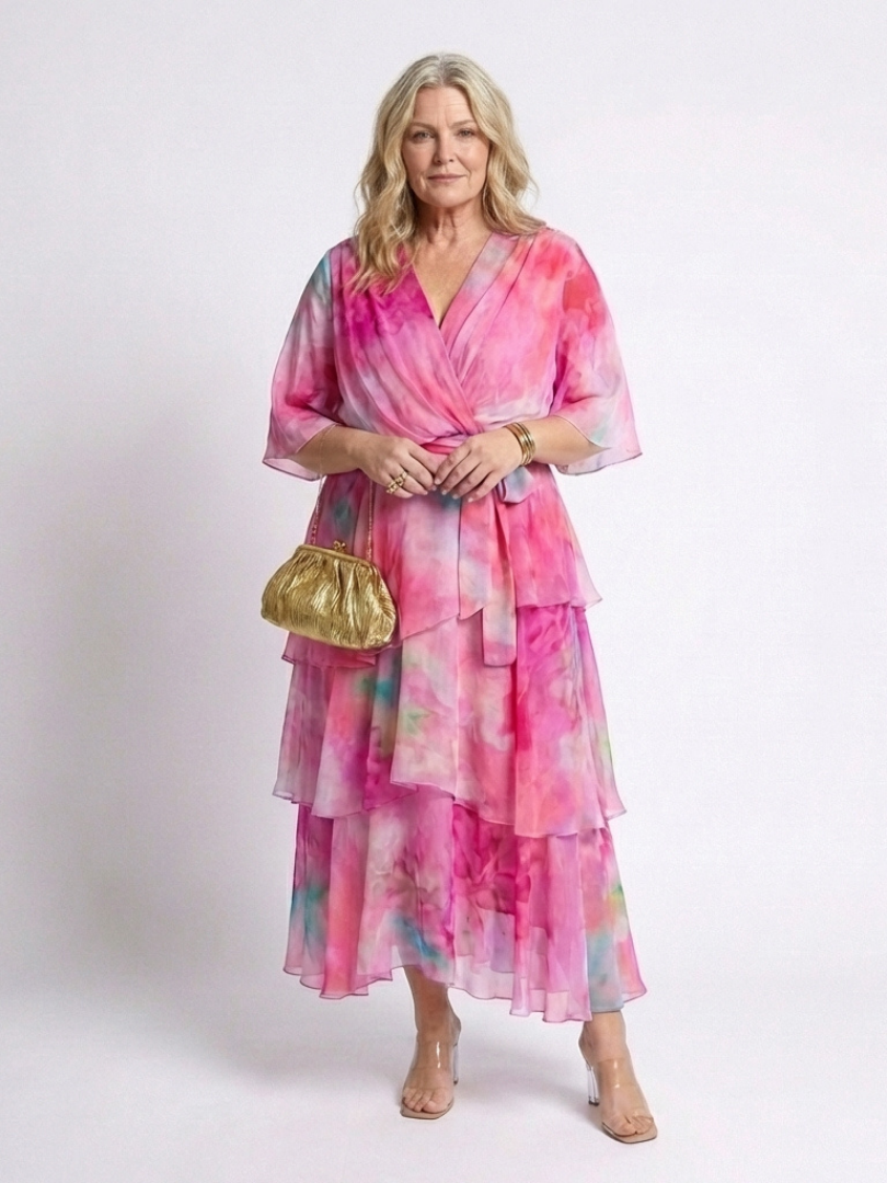 Wrap Front Tiered Summer Dress with Wide Sleeves and Tie Waist