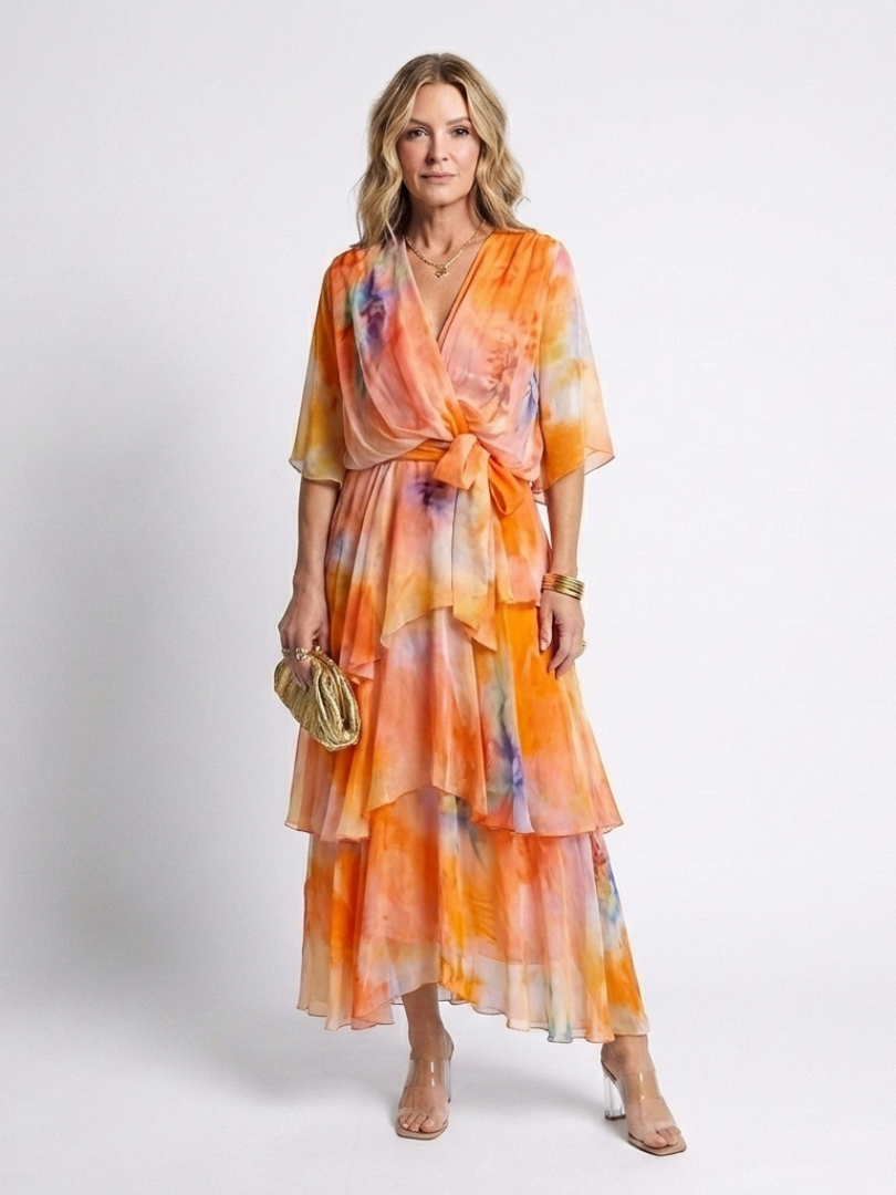 Wrap Front Tiered Summer Dress with Wide Sleeves and Tie Waist