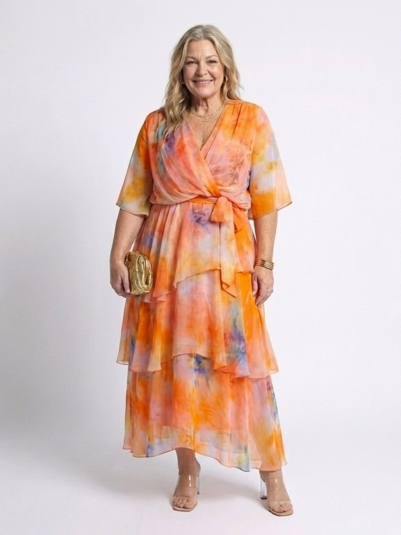 Wrap Front Tiered Summer Dress with Wide Sleeves and Tie Waist
